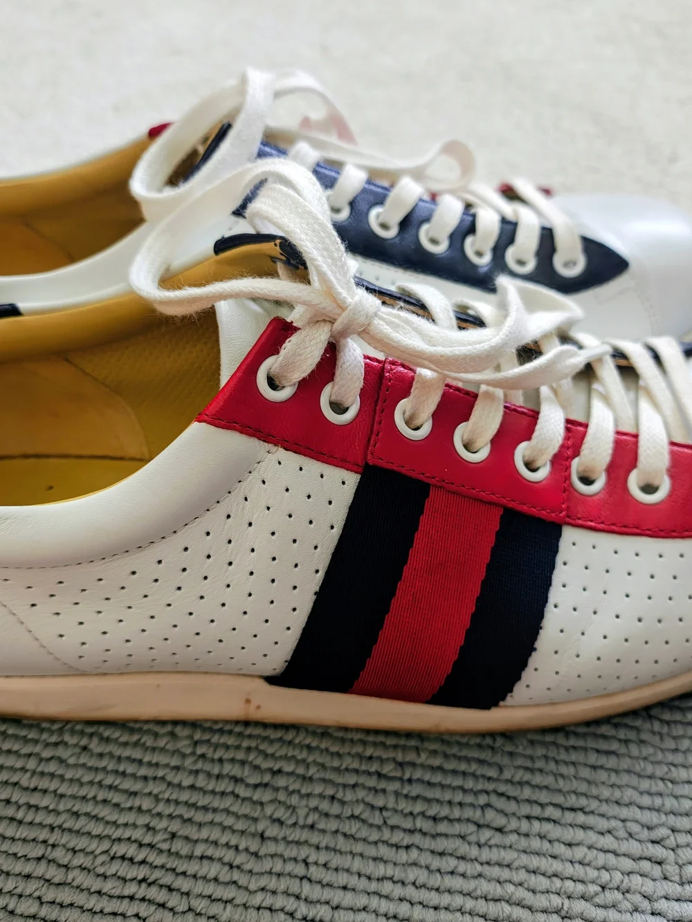 Gucci White Leather Sneakers with Red & Blue Web Stripe